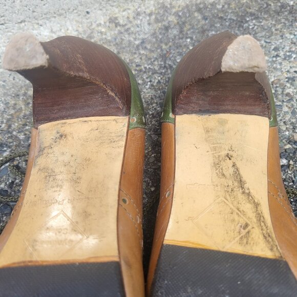 John Fleuvog Leather Lace ups Heels Size 8.5 Vintage Green and Brown Shoes - Picture 9 of 12